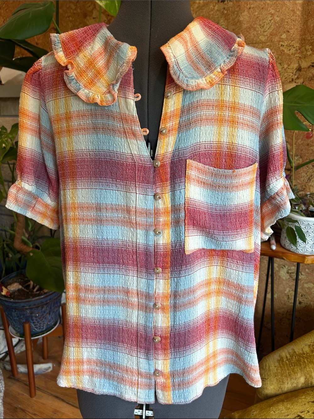 Pilcro Multicolor Plaid Ruffled Collar Button-Down Shirt